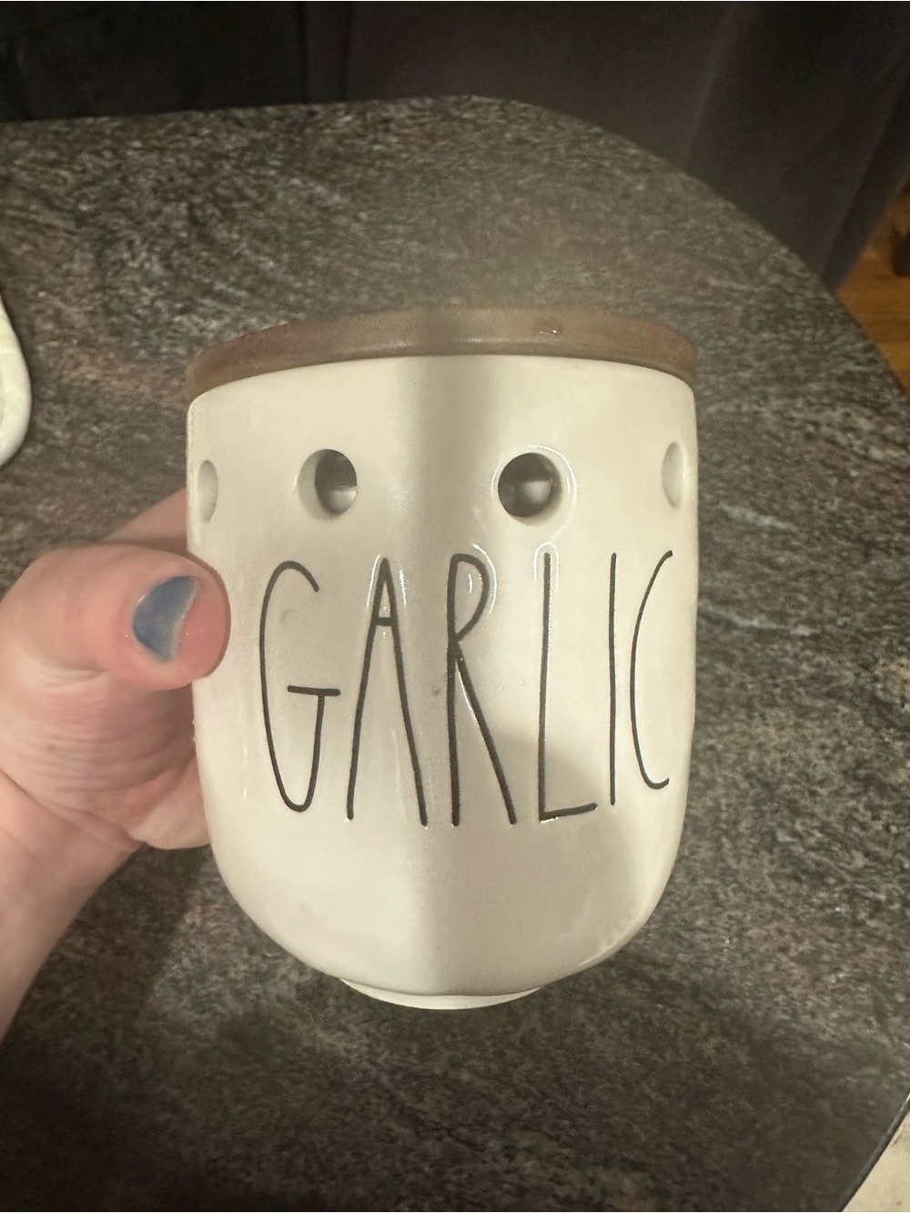 Rae Dunn White Ceramic GARLIC Jar with Tan Lid